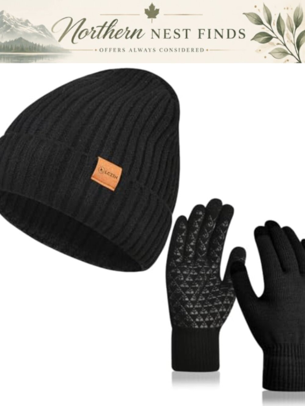 Winter Hat Gloves Set Beanie Touchscreen Knit Fleece Lined Unisex One Size